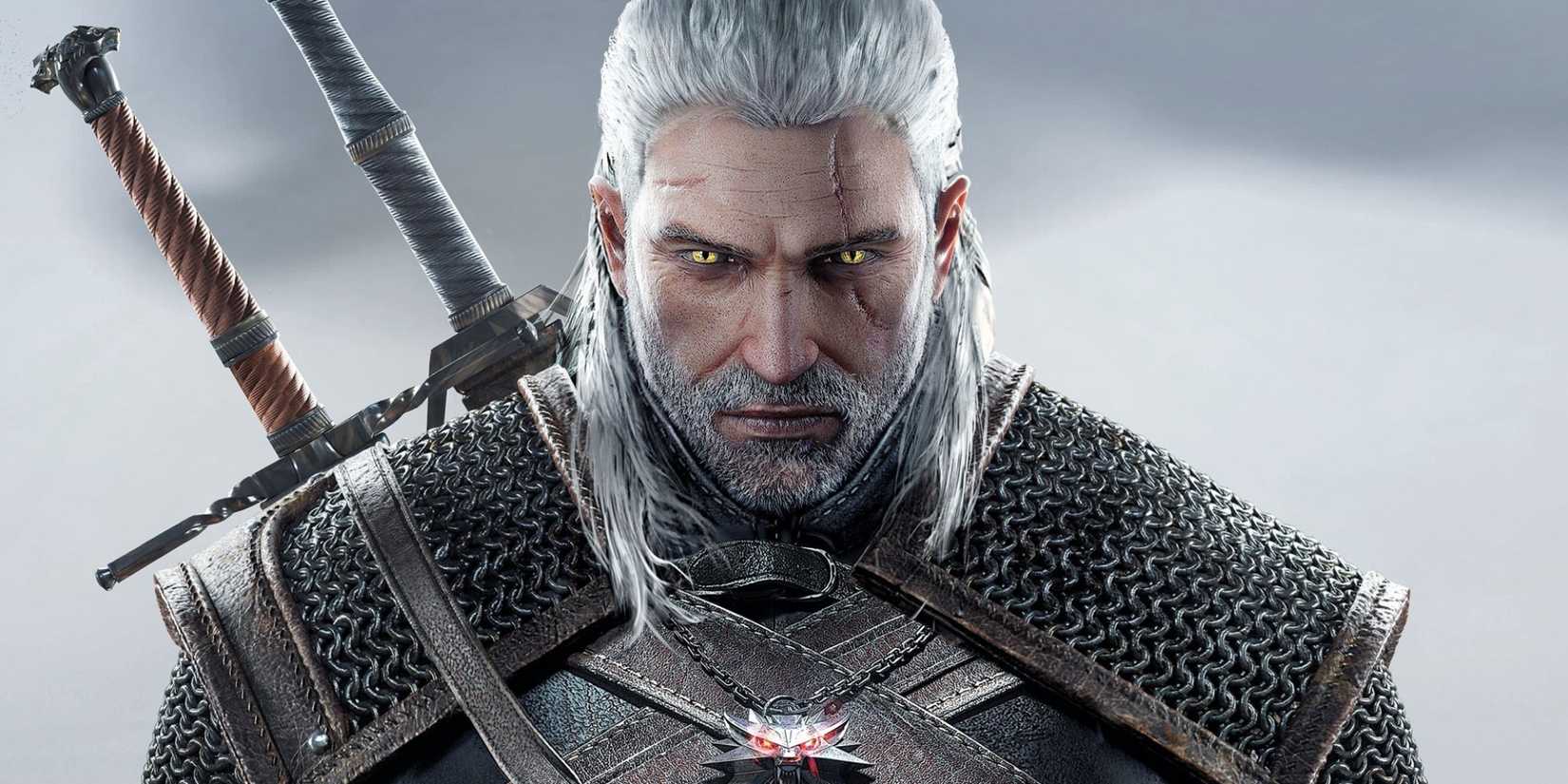 Geralt from the The Witcher 3 is serious and has two swords slung over his back.