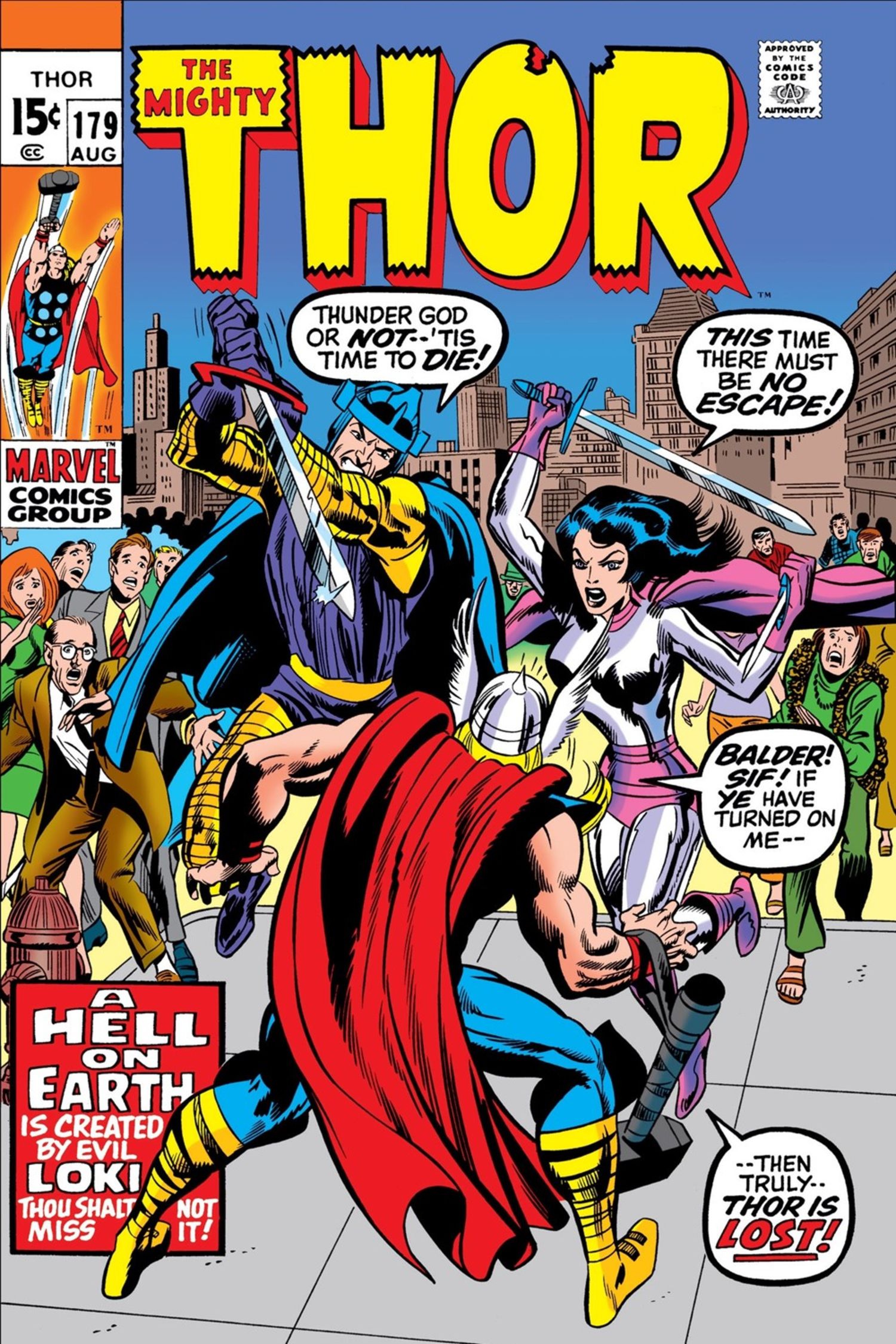 Copertina di Thor #179 con Balder e Sif che attaccano Thor mentre le persone guardano inorridite