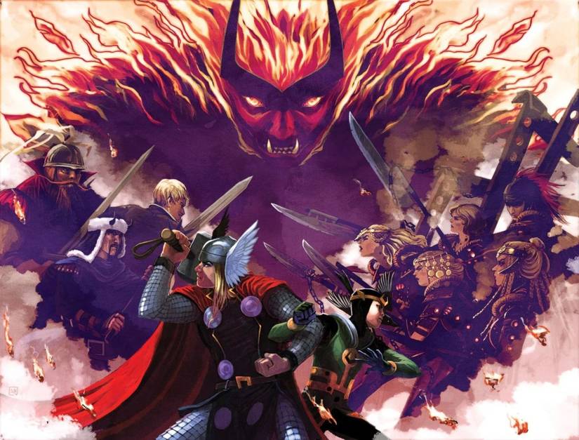 Thor and Loki fight attackers while Surtur is looming on them