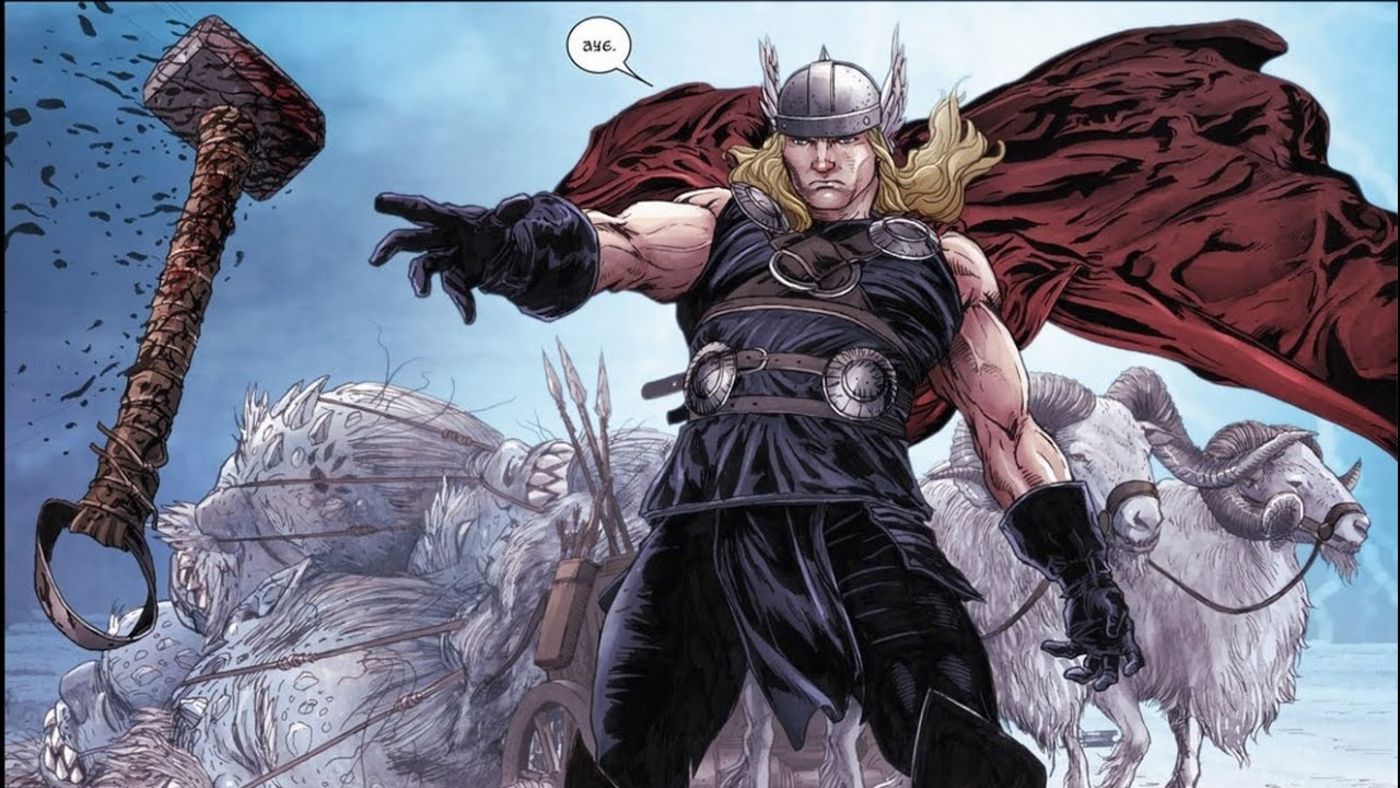Thor che brandisce Mjolnir in "Ages of Thunder"