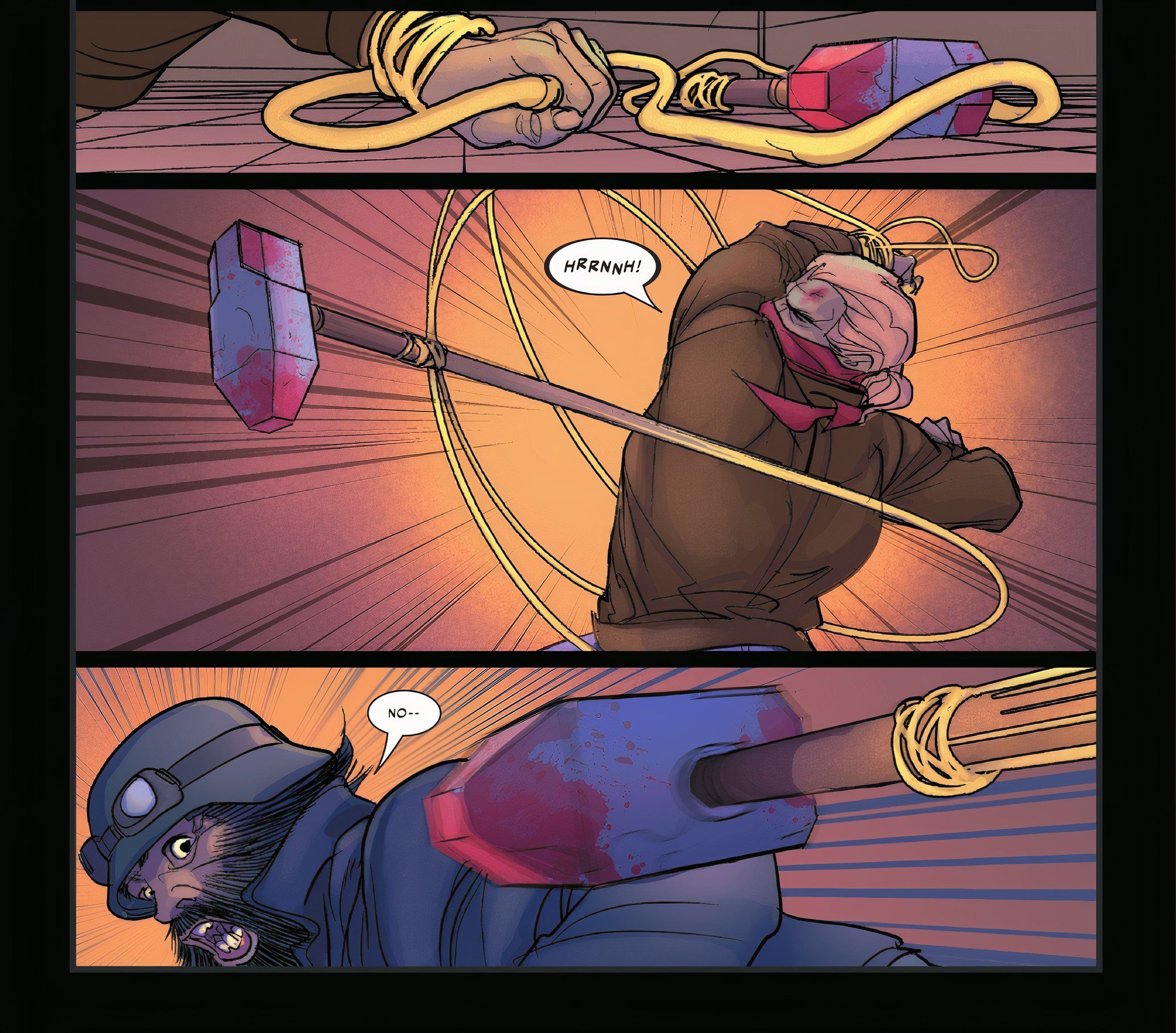Thor che scaglia il martello contro un membro della gang