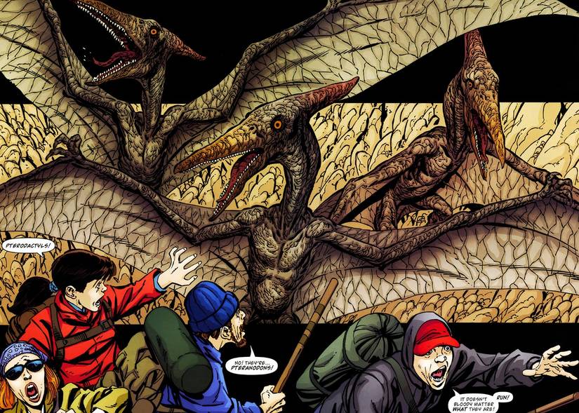 Three dinosaurs scarring four hikers in the desert.