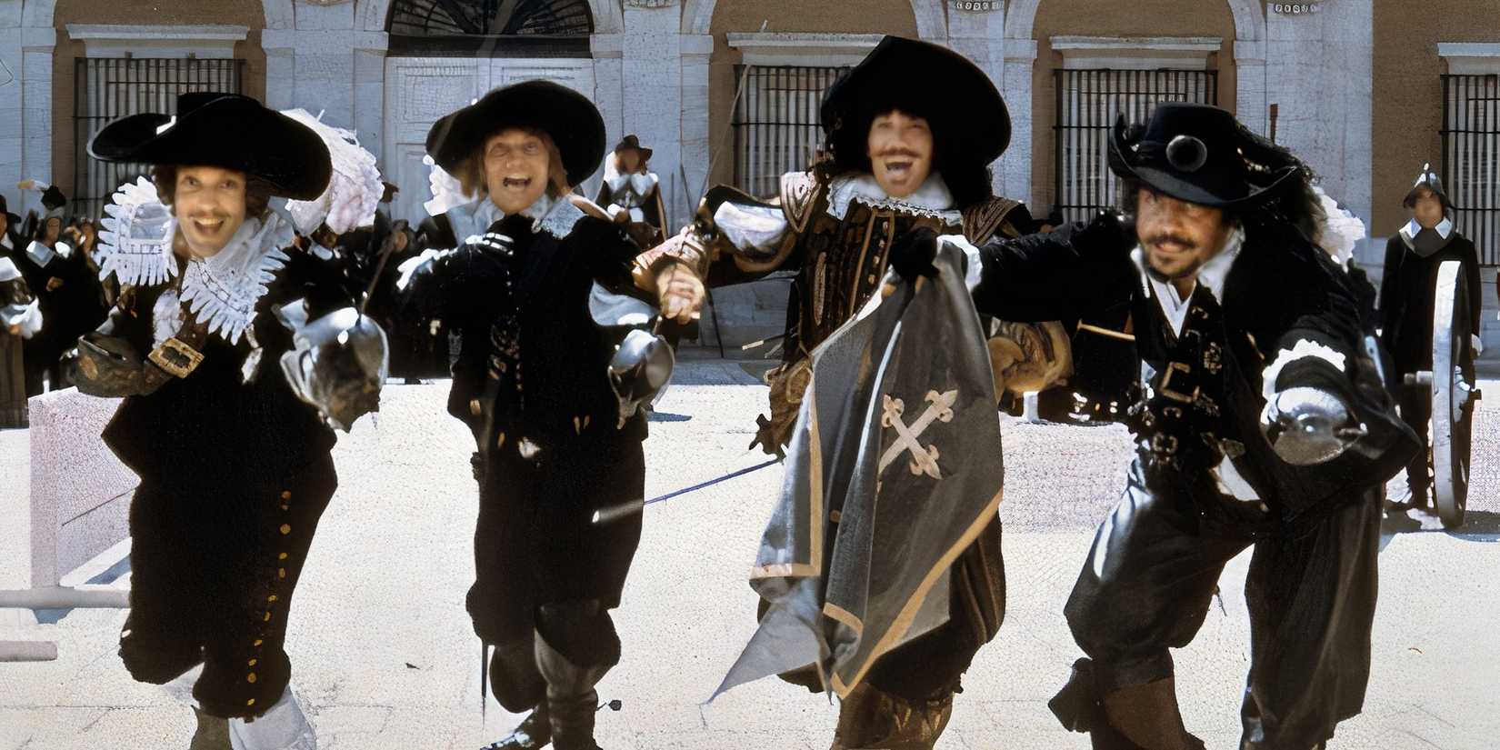 Men posing together in 1973's Three Musketeers
