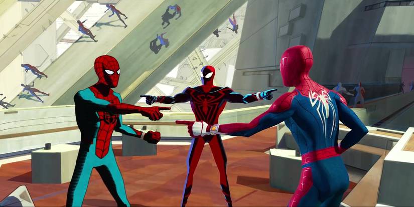 Three Spider-Man Characters Pointing At Each Other In Spider-Man Across the Spider-Verse