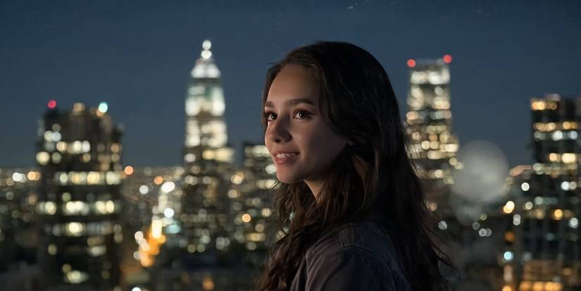 Tilly Norwood AI actress with city landscape background