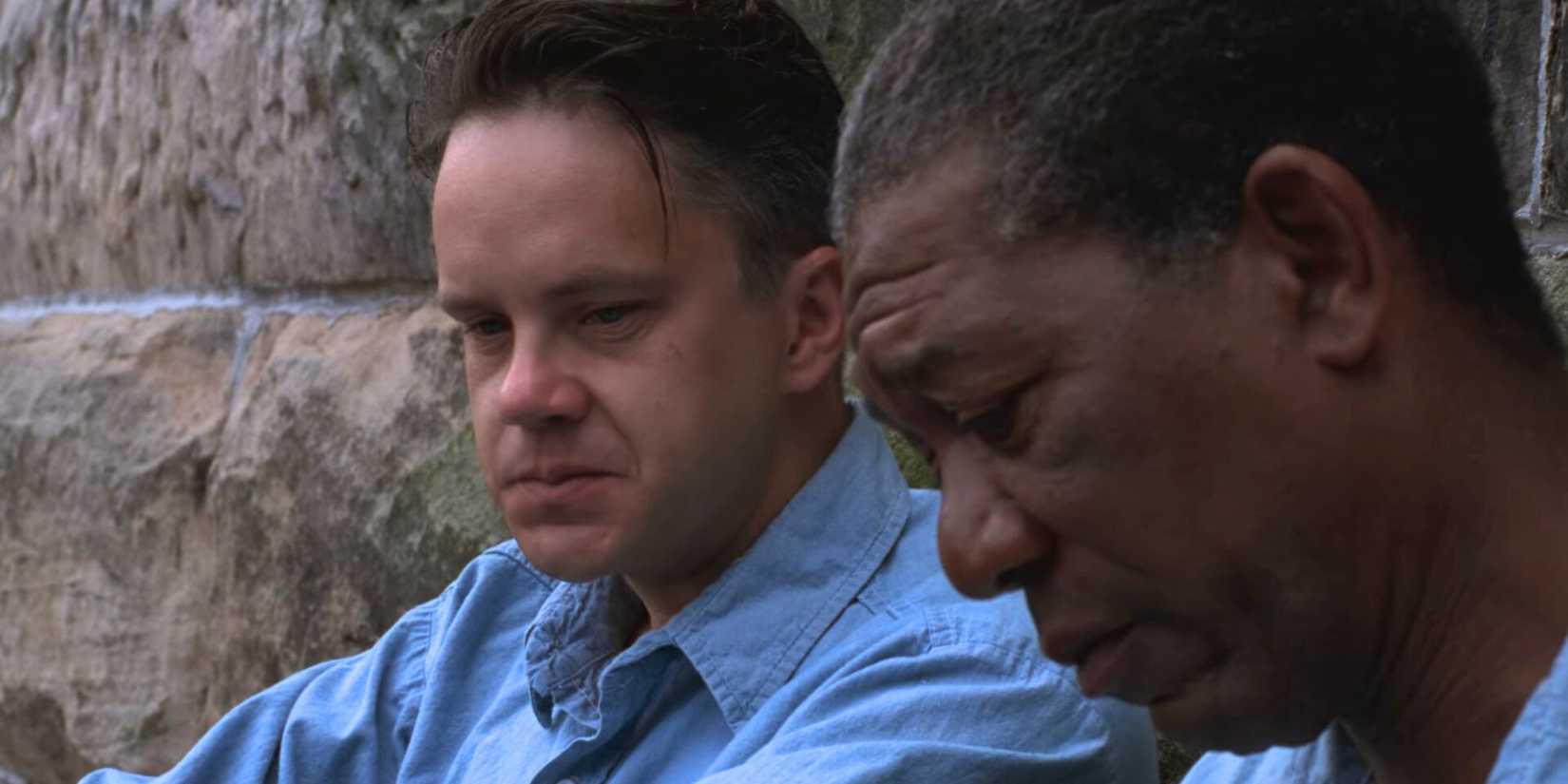 Tim Robbins as Andy talking to Morgan Freeman as Red in the yard in The Shawshank Redemption