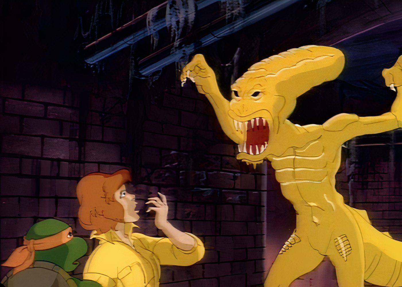 TMNT's Michelangelo and April shocked to see an alien-like Pizza Monster.