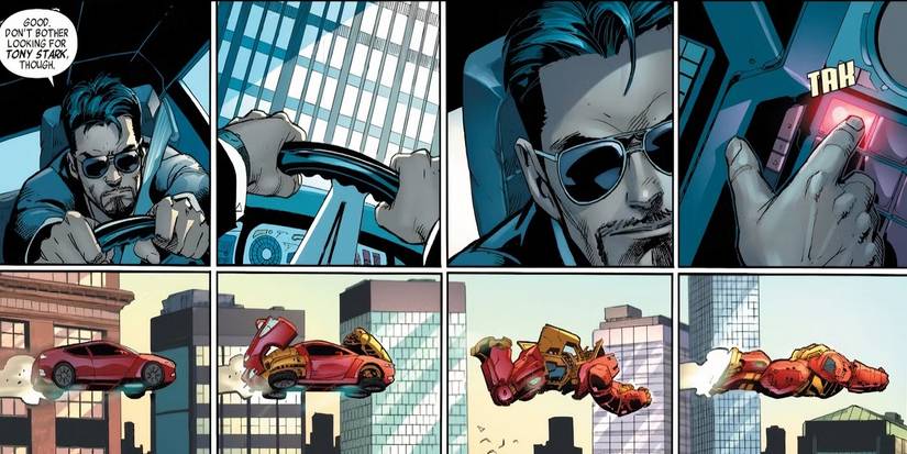 Tony Stark turns his flying car into giant Iron Man armor.