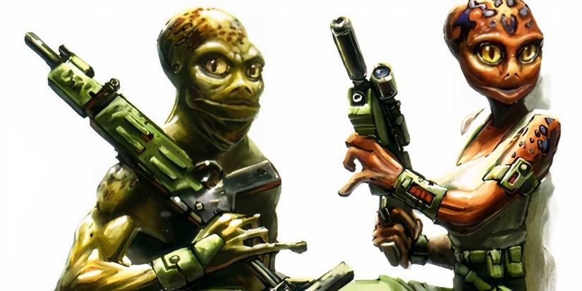 Two Star Wars aliens standing next to each other holding futuristic guns.