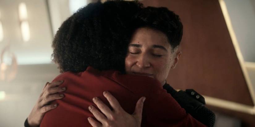 Uhura hugging Ortegas in Star Trek Strange New Worlds Terrarium