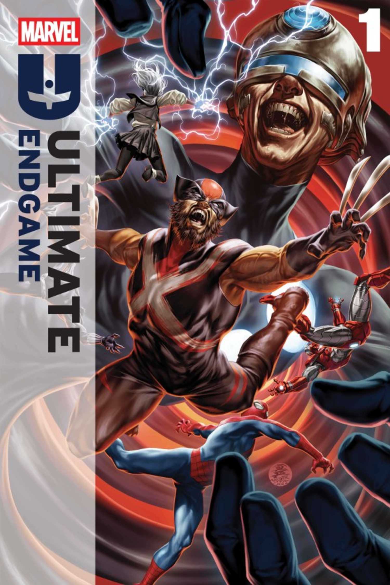 Ultimate Endgame #1 cover, the Maker laughing maniacally as heroes are sucked into a vortex