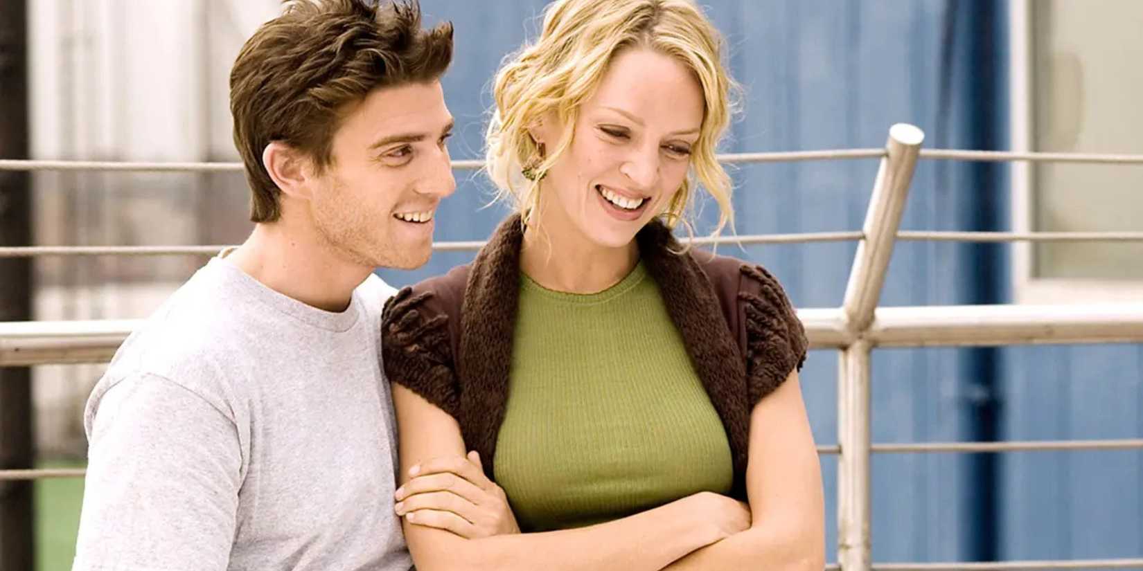 Uma Thurman as Rafi smiling with Bryan Greenberg as David in Prime