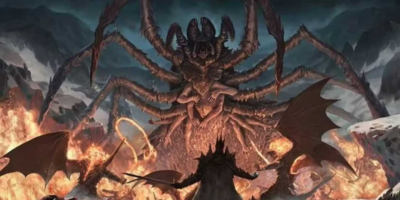 Ungoliant attacking Morgoth and his Balrogs in Lord of the Rings fan art.
