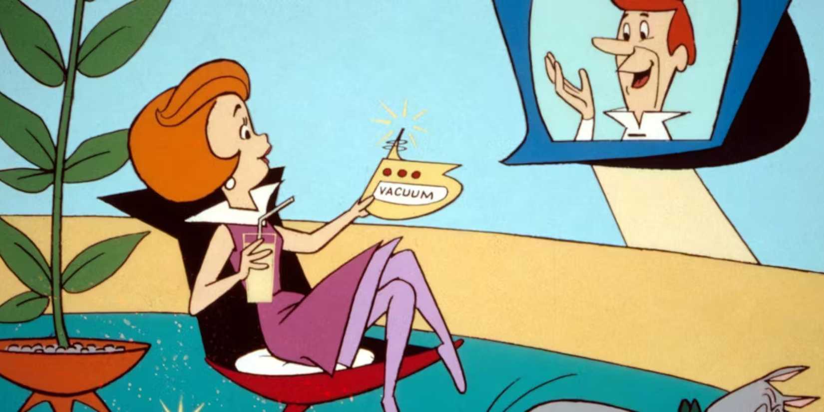 Jane Jetson watching TV, talking to George through the screen, as she kicks her feet up with a drink in The Jetsons.