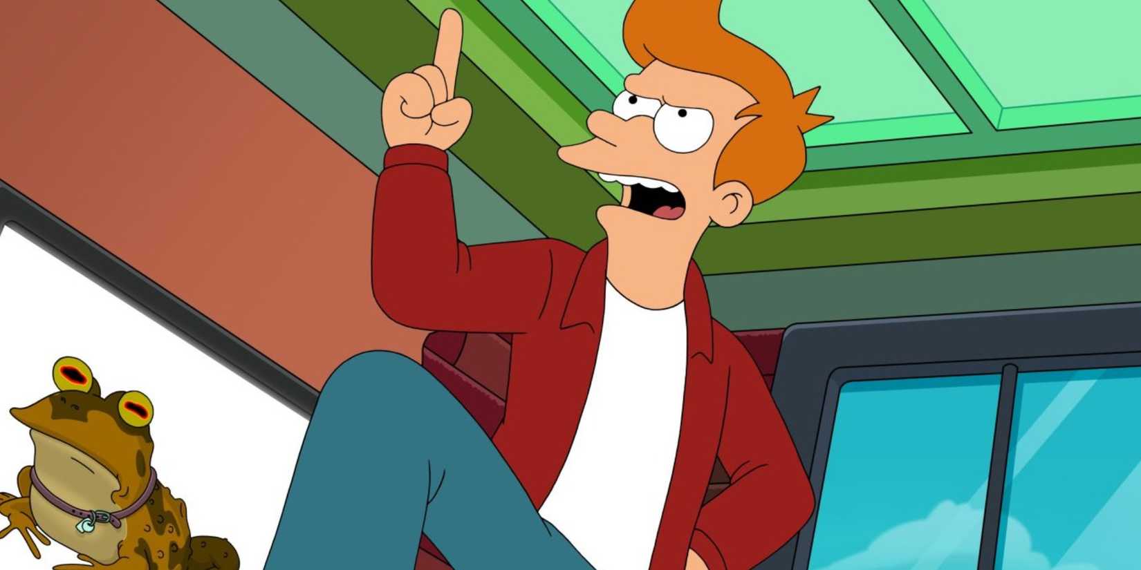 Fry apontando entusiasticamente em Futurama.