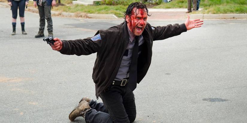 A blood-soaked Rick shouts in the streets of Alexandria