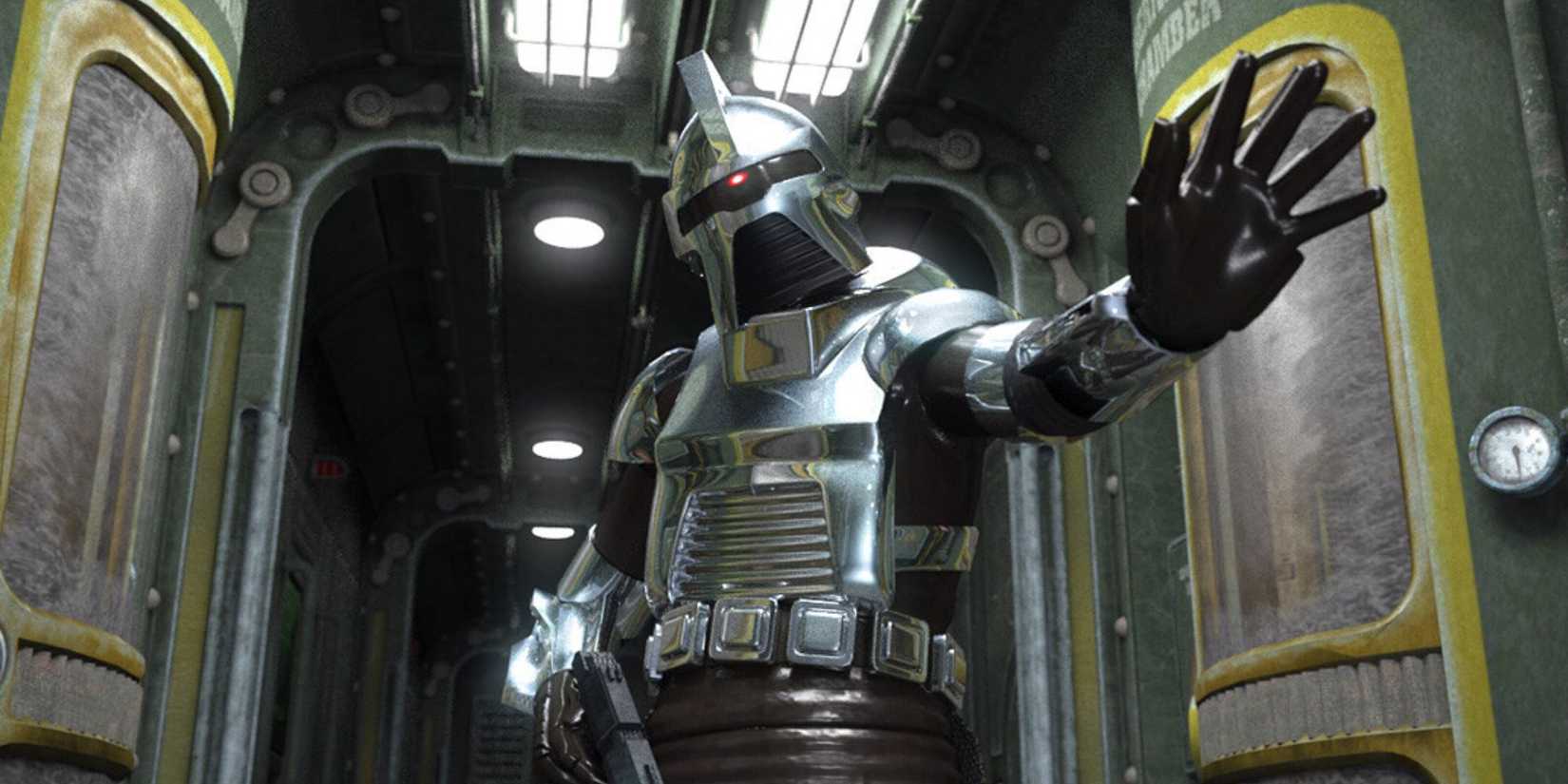 Uma imagem promocional de um Cylon estendendo a mão em Battlestar Galactica