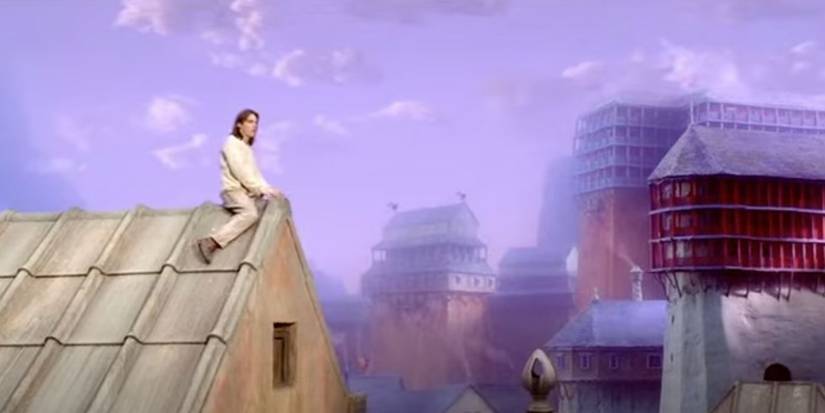 Steerpike sitting on a roof against the city backdrop and a purple sky