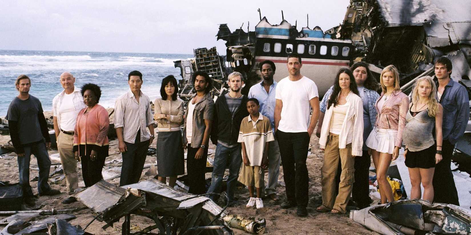 The cast of Lost surrounded by the plane wreckage