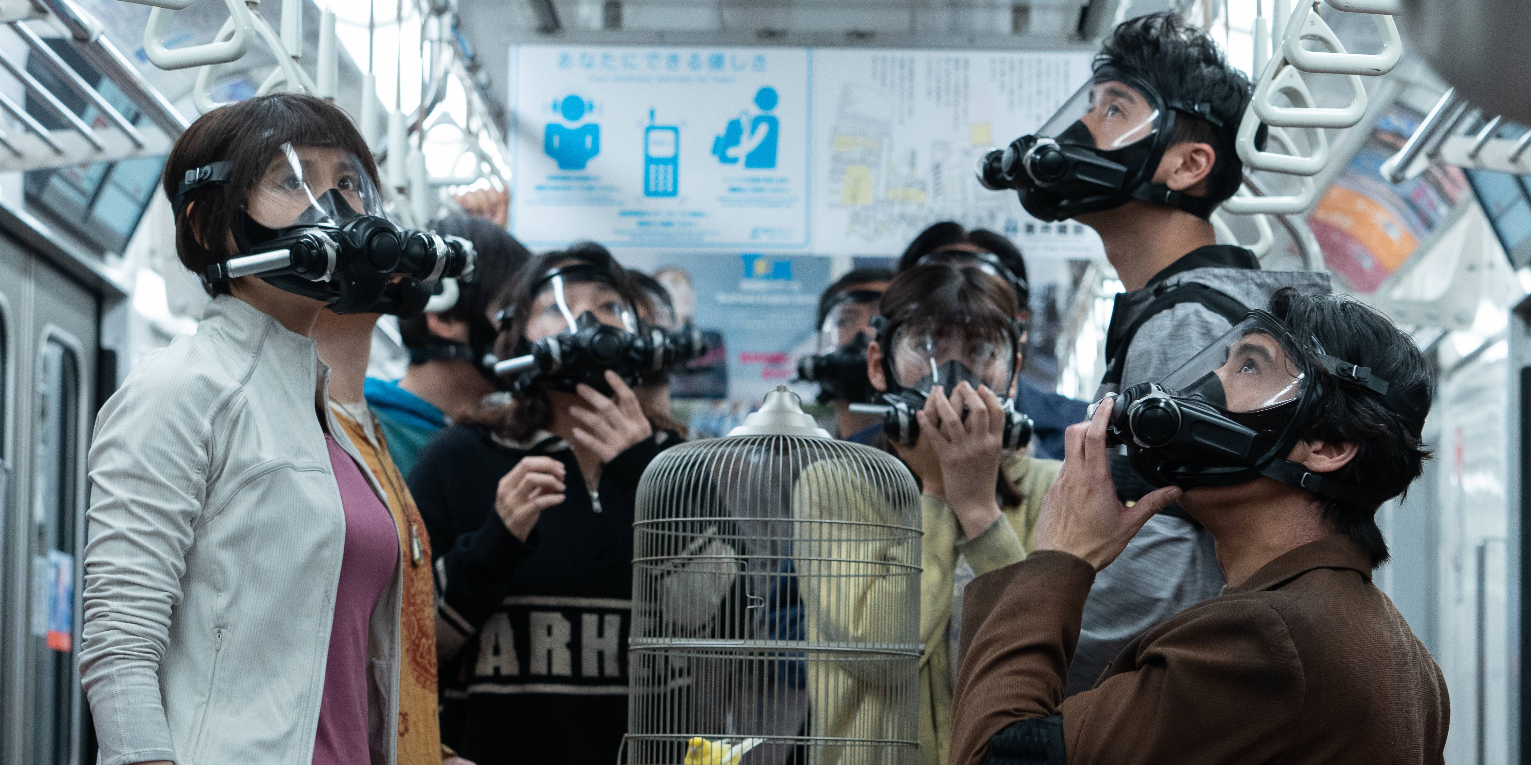 Usagi's team wearing oxygen masks during the train game in Alice in Borderland season 3