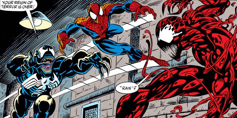 Venom and Spider-Man fighting Carnage.