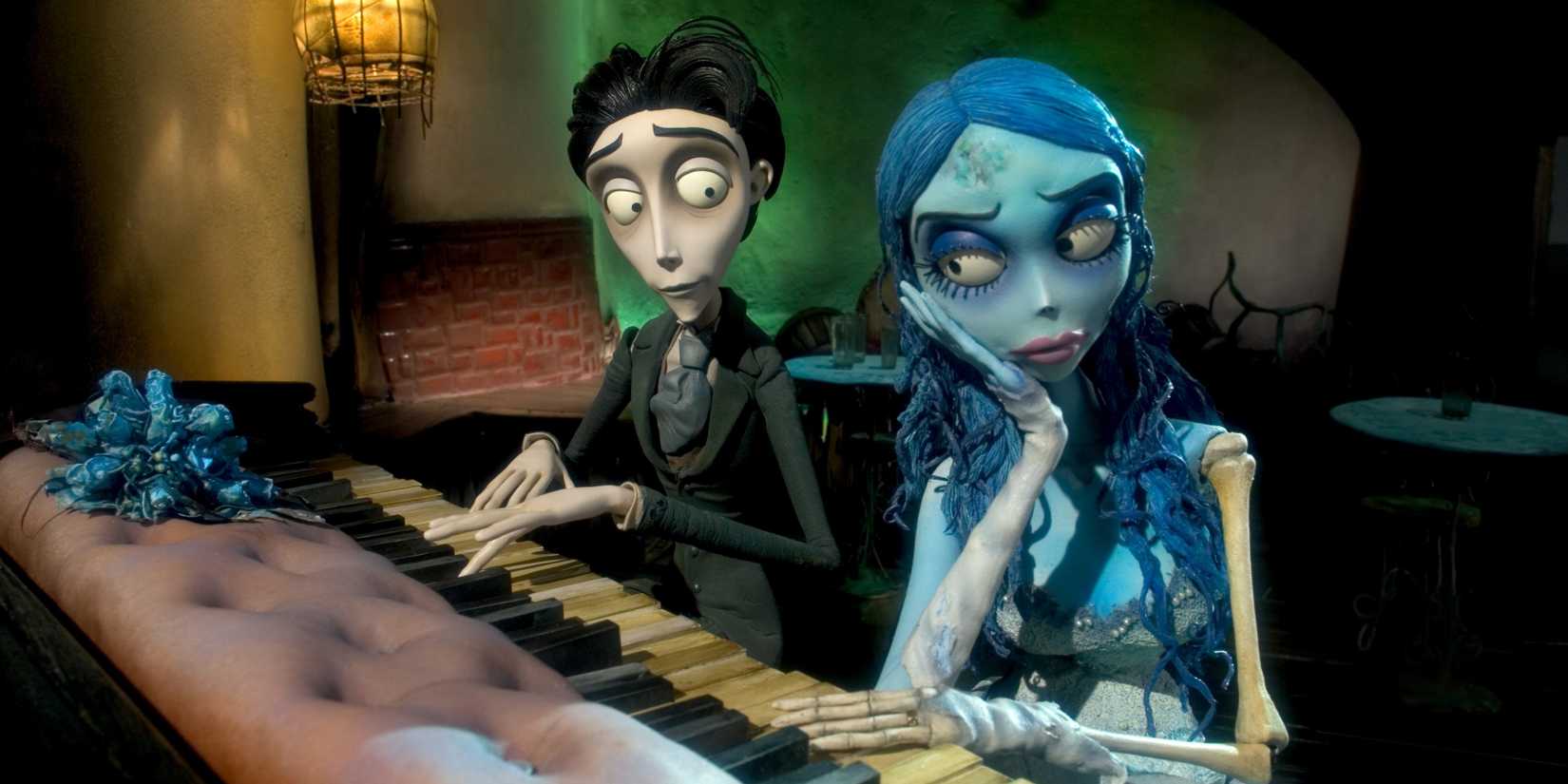 Victor playing the piano next to an annoyed Emily in Corpse Bride
