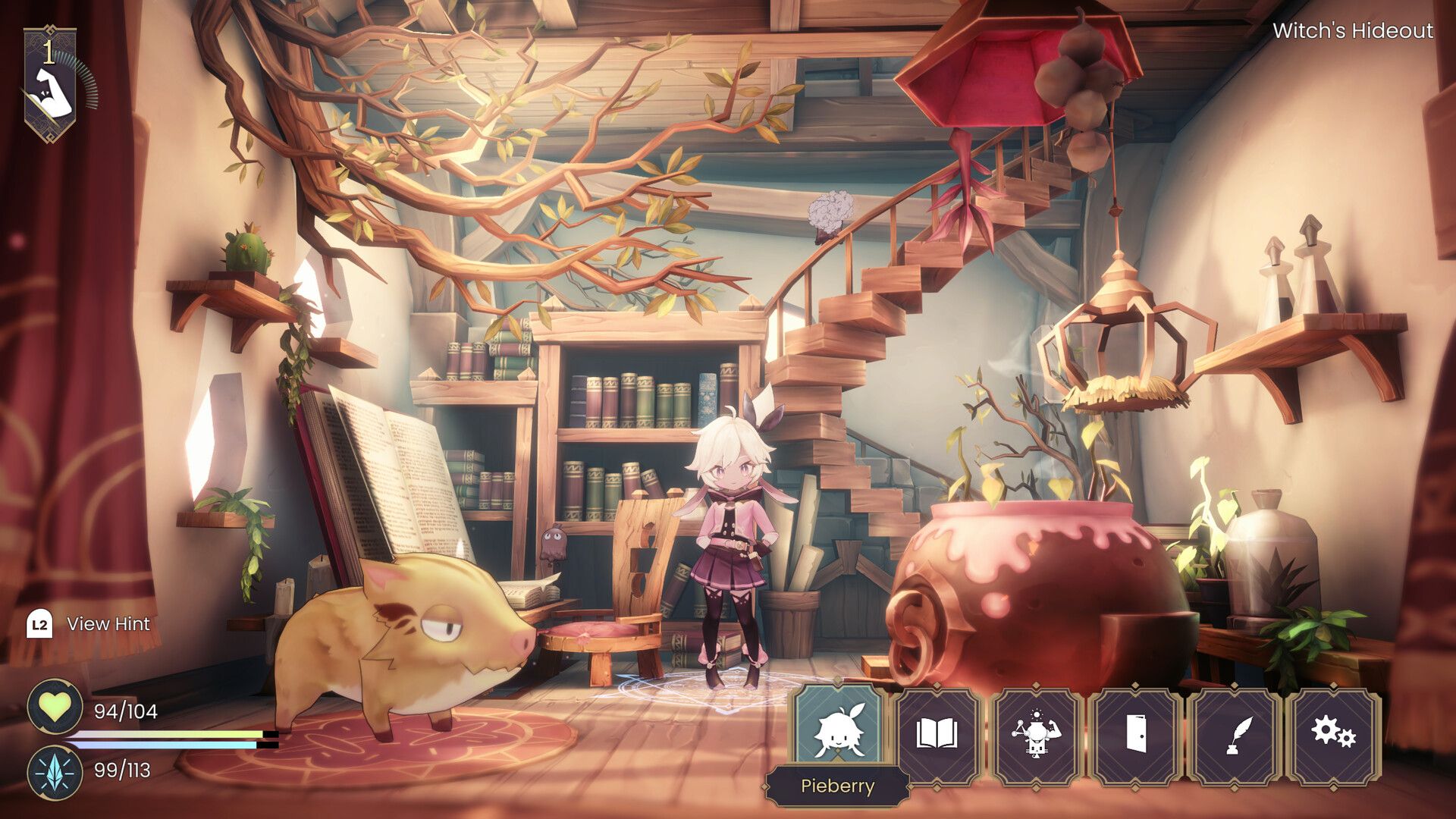 Interno stanza con personaggio e cinghiale nel gioco WitchSpring R