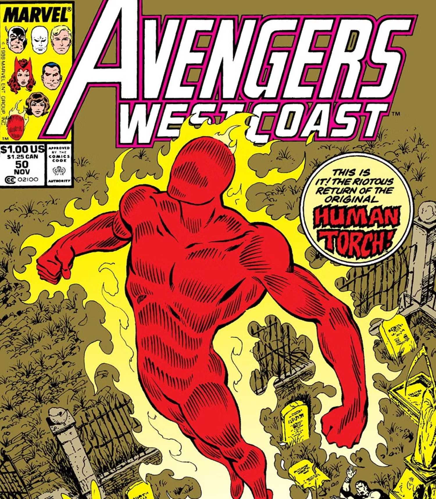 West Coast Avengers cover announcing the return of the Original Human Torch