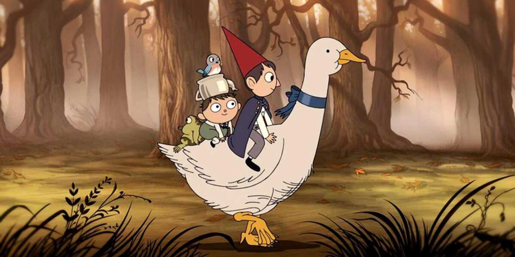 Wirt and Greg riding a goose in over the garden wall
