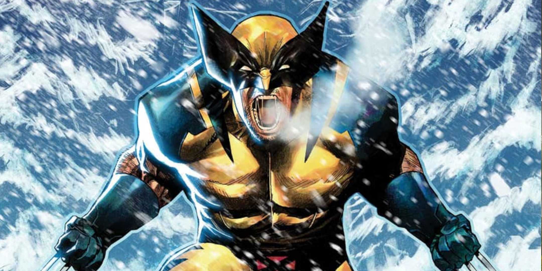Wolverine standing in the snow wearing his yellow comic book costume.