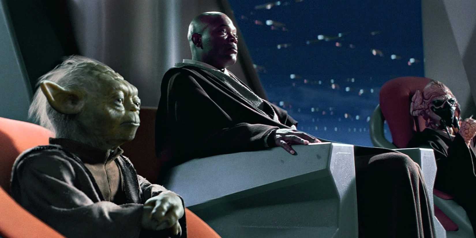 Yoda, Macu Windu, and Plo Koon on the Jedi Council