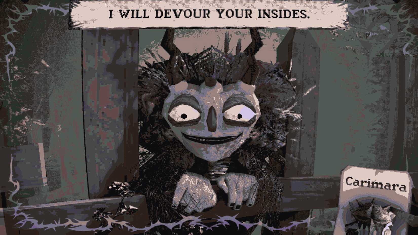 The Owl in Carimara saying "I WILL DEVOUR YOUR INSIDES"