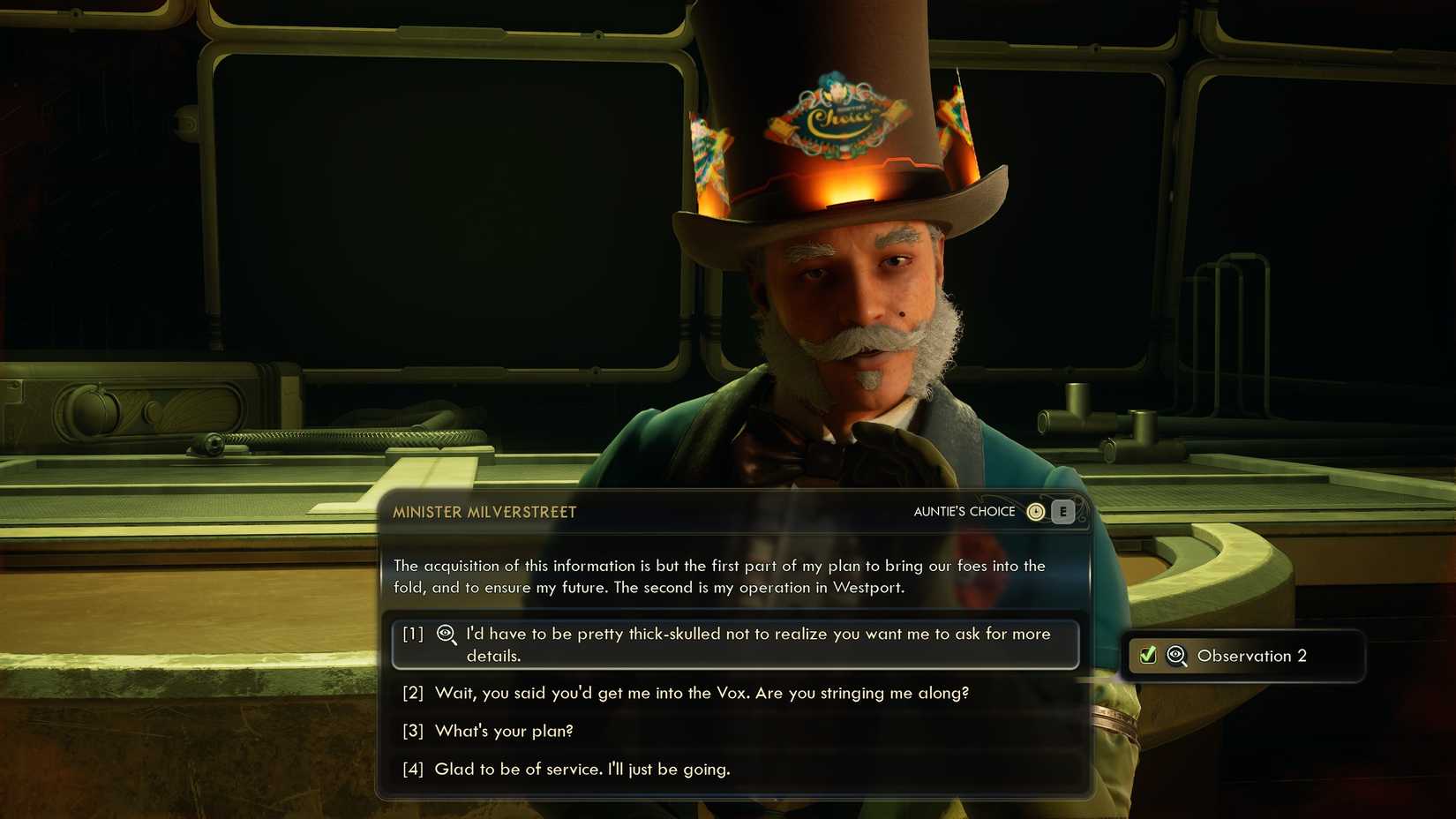 Minister Milverstreet requesting help with Westport in The Outer Worlds 2
