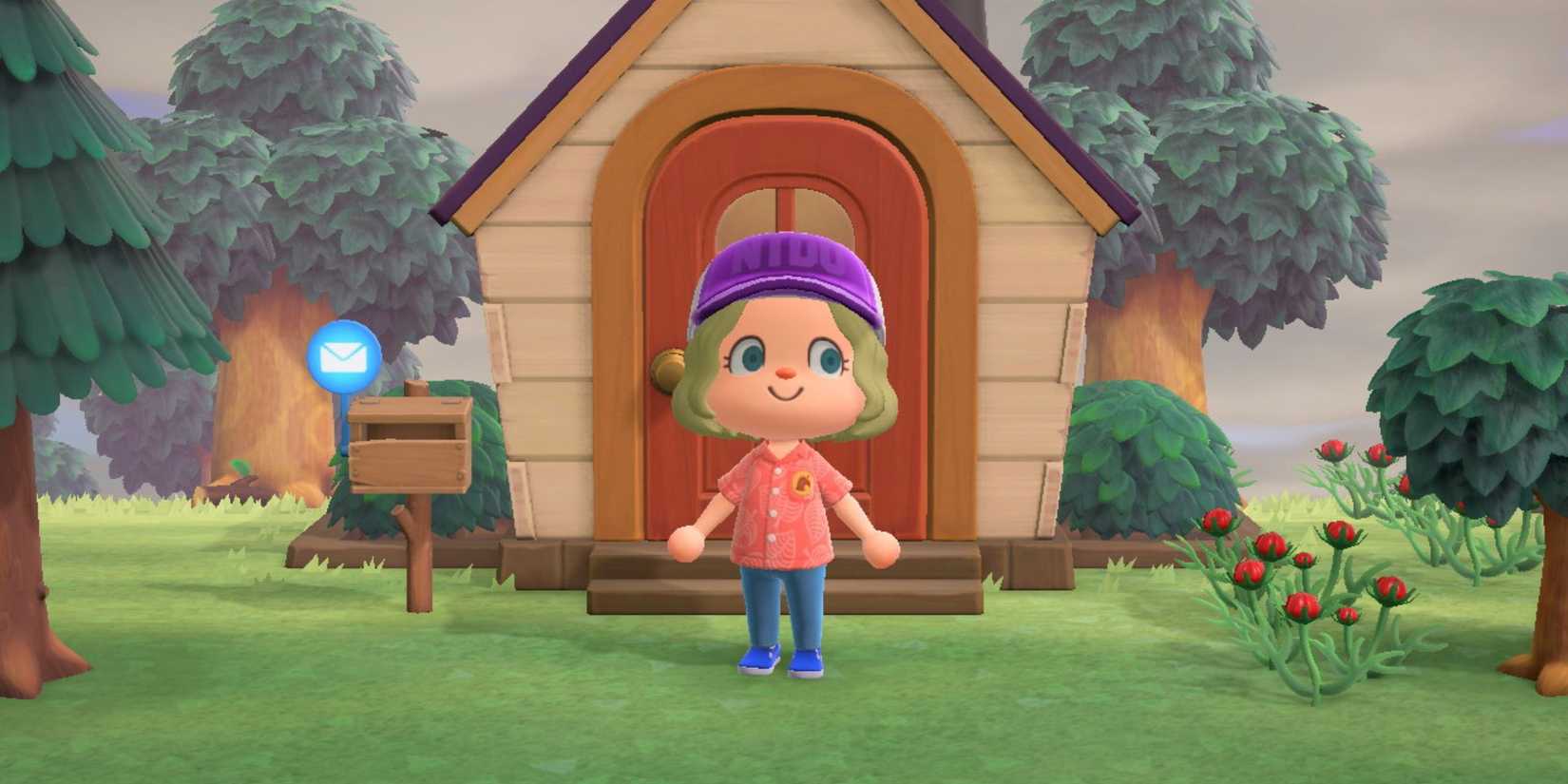 A character standing in front of a small house in Animal Crossing New Horizons