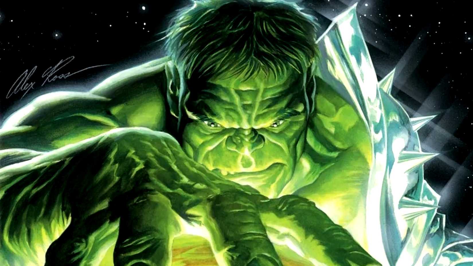 Une cicatrice verte géante tient Sakaar avec sa main dans la couverture de Planet Hulk d'Alex Ross