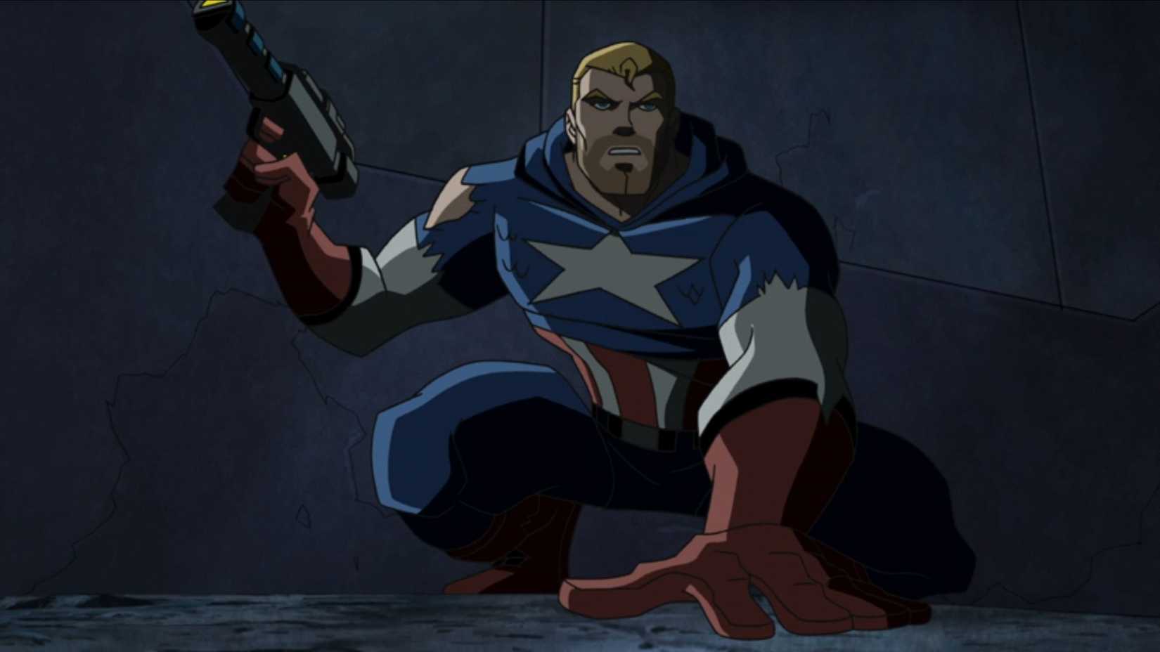 Um Capitão América envelhecido e machucado em pose de pouso em Vingadores: Os Super-Heróis Mais Poderosos da Terra