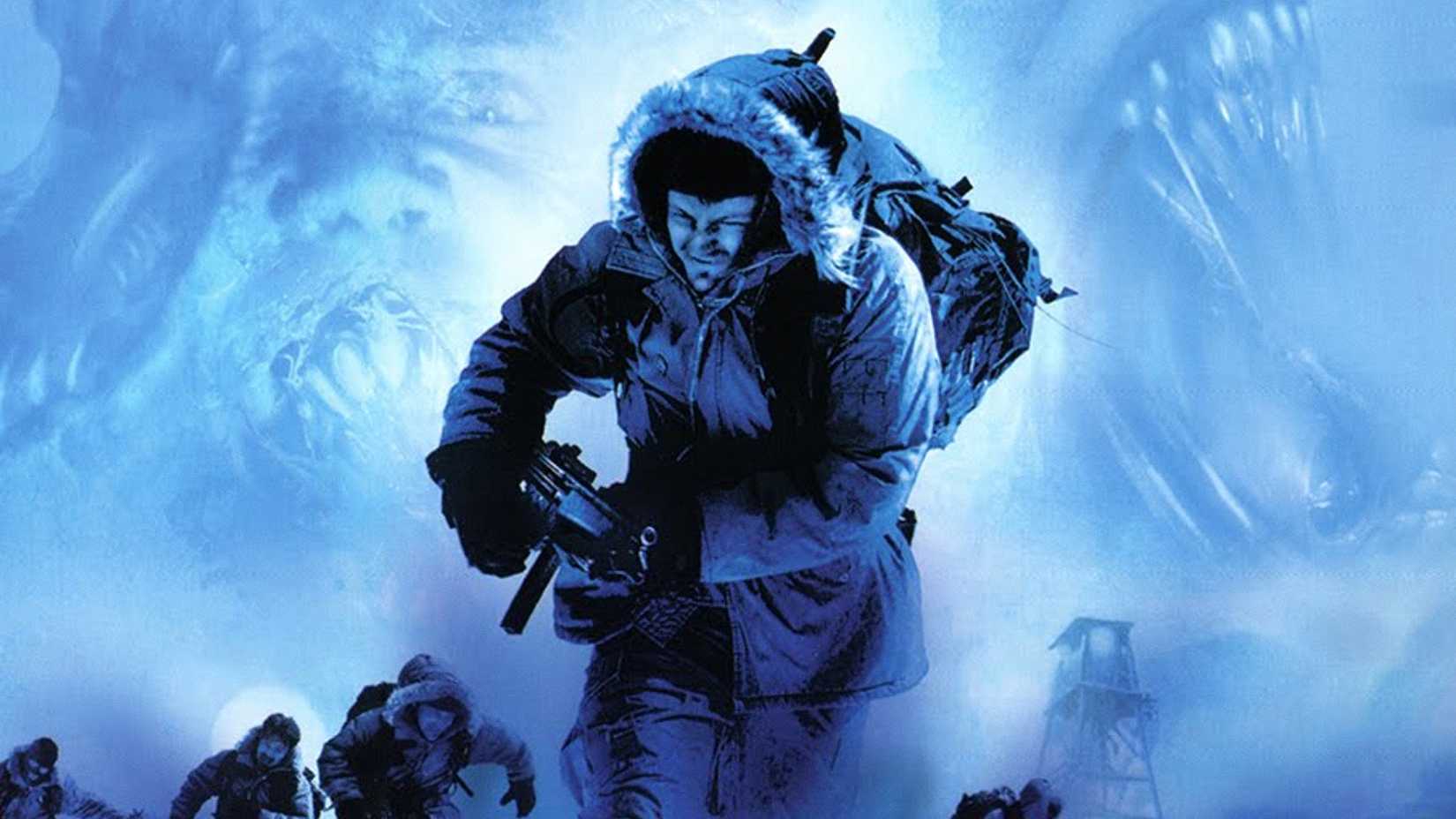 A group of survivors run in the snow in The Thing video game cover