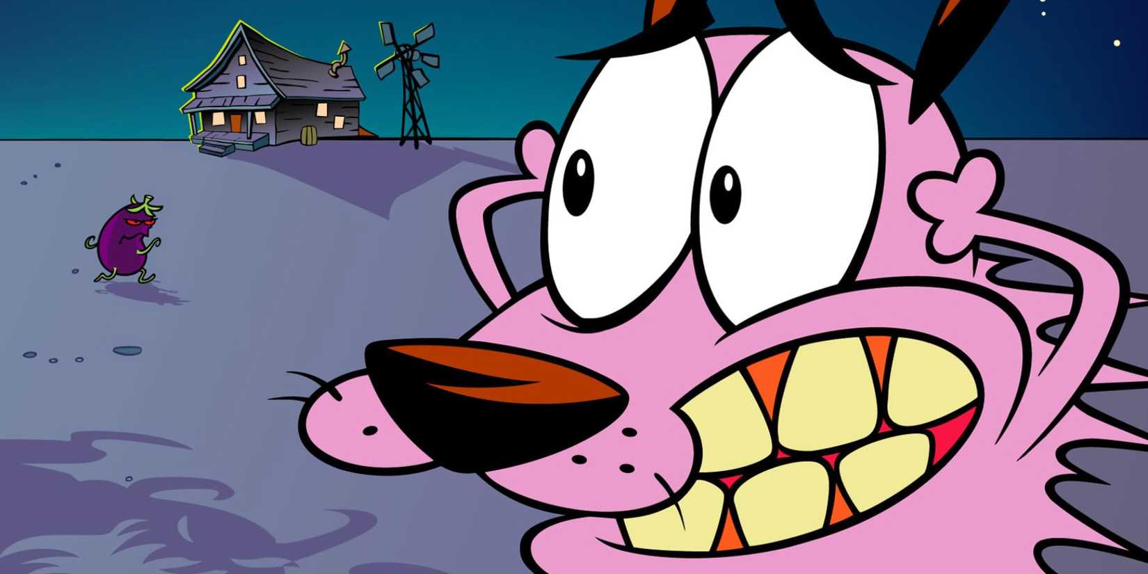 A mean aubergine and a scared Courage in Courage the Cowardly Dog