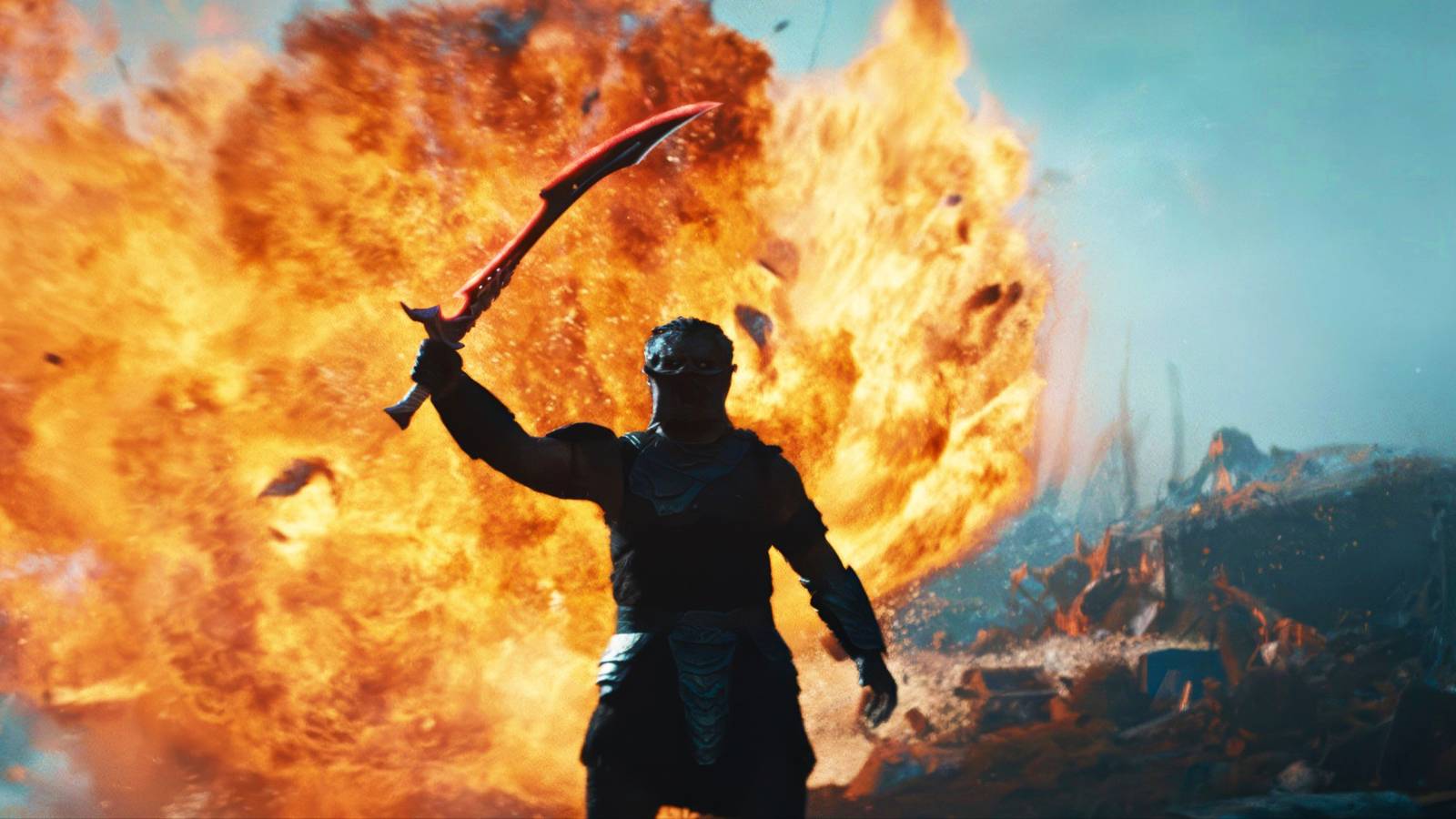 A Predator silhouetted by an explosion in Predator Badlands