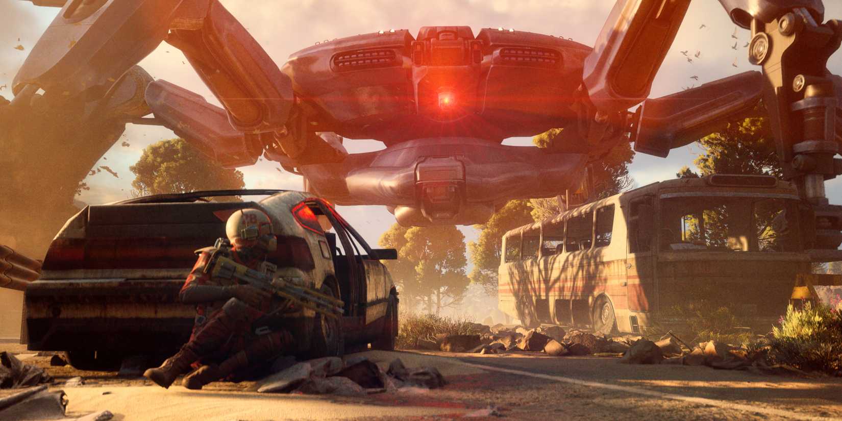 A Raider hiding from a giant robot in ARC Raiders.