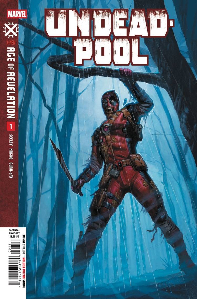 A zombie Wade Wilson wields a blade in the woods in Undeadpool #1 comic cover