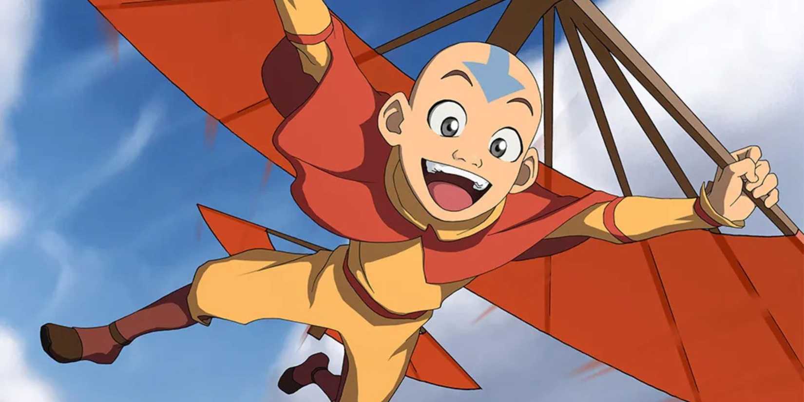 Aang flying in the sky on his glider in Avatar The Last Airbender