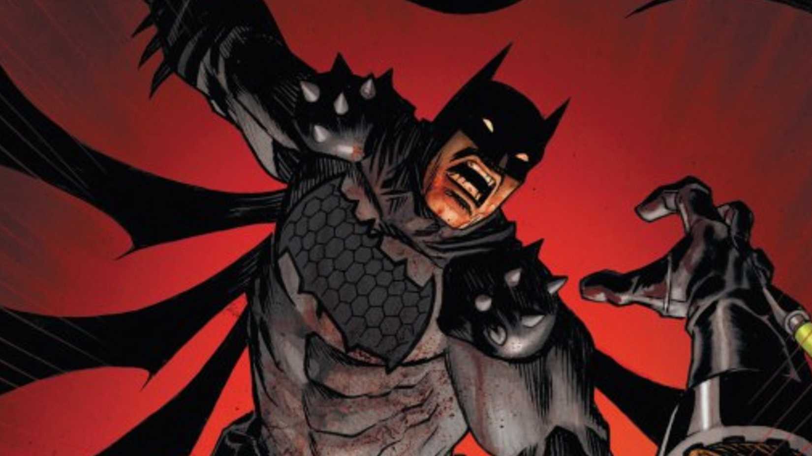 Absolute Batman attacks bane with his axe