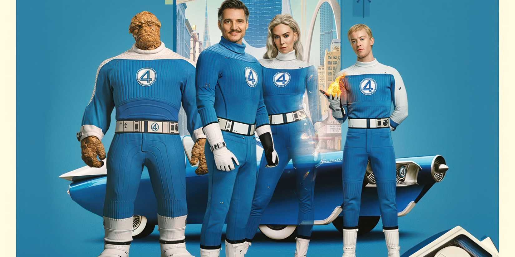 The MCU's Fantastic Four cast smiling and/or showing off their powers in front of the Fantasticar and NYC buildings