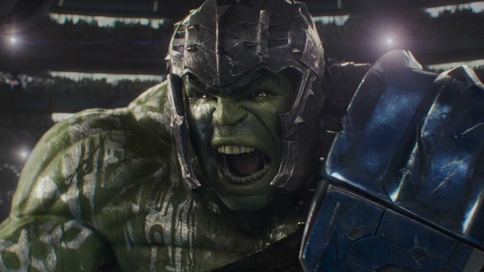 Mark Ruffalo's Hulk wearing gladiator armor and screaming in Thor: Ragnarok