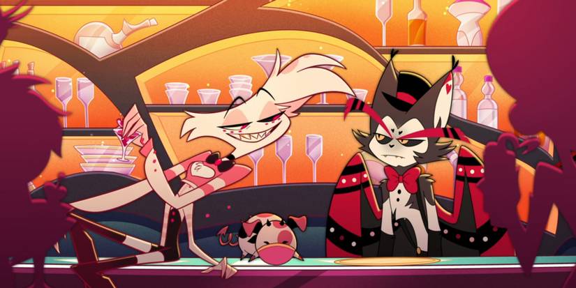 Angel Dust sorri para Husk sentado no bar em Hazbin Hotel, temporada 2, episódio 1
