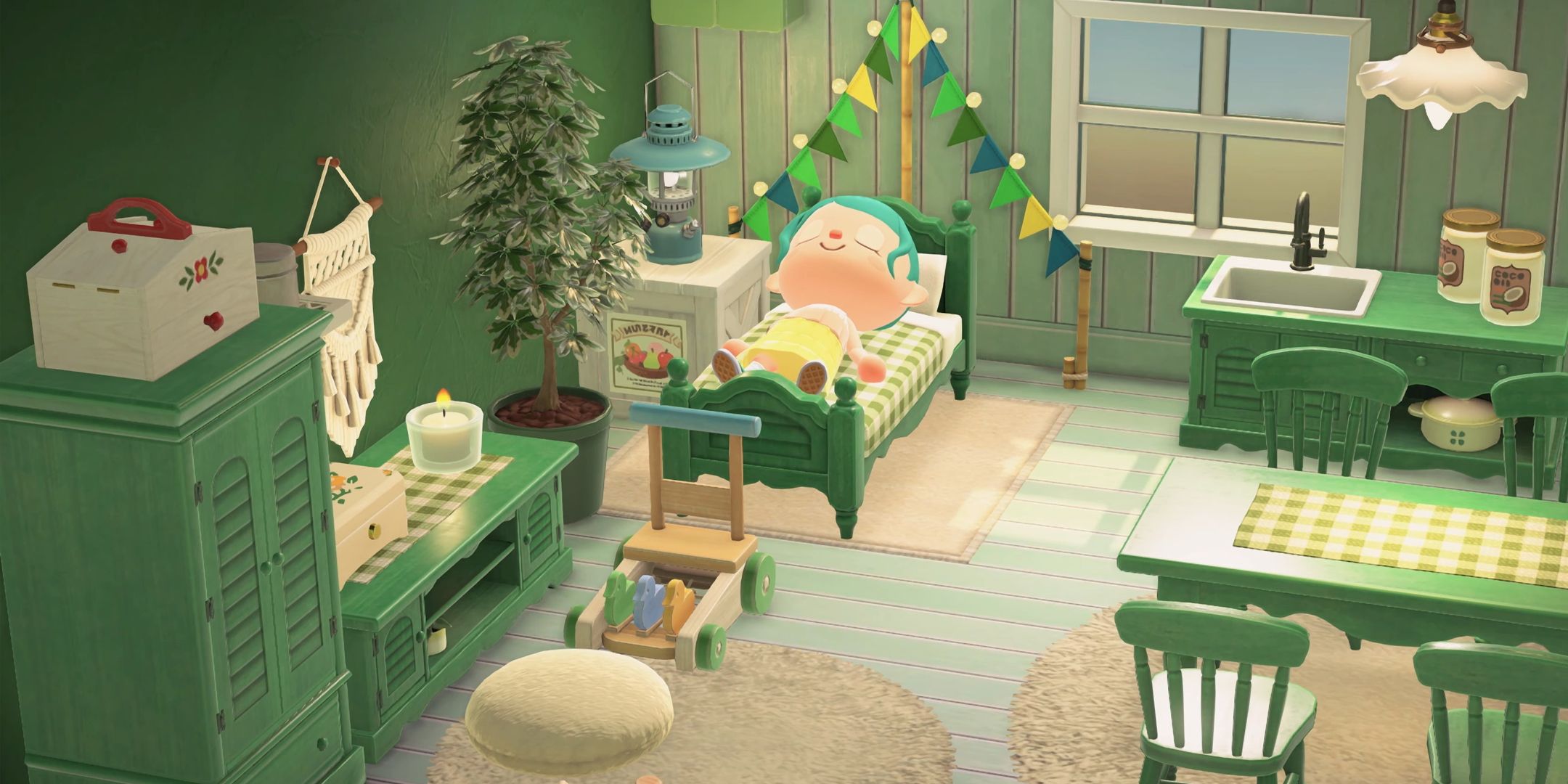 Il villager che dorme in un letto verde in animal crossing: new horizons 3.0