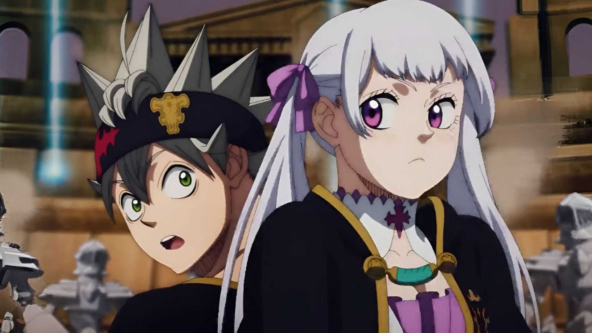Asta and Noelle Silva stood with their backs to each other in the Black Clover movie