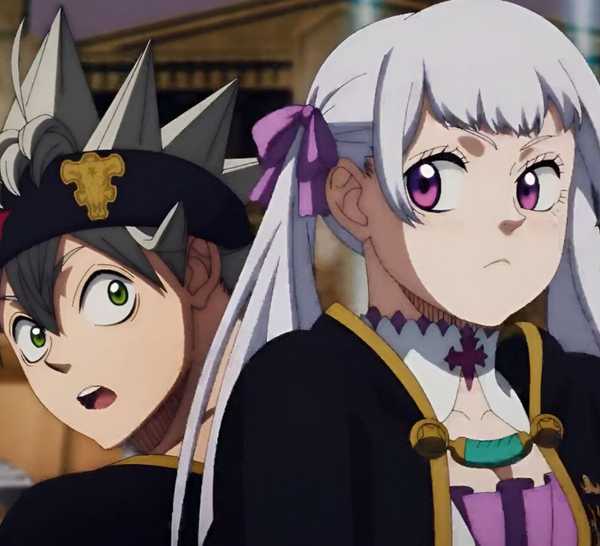 Asta and Noelle Silva stood with their backs to each other in the Black Clover movie