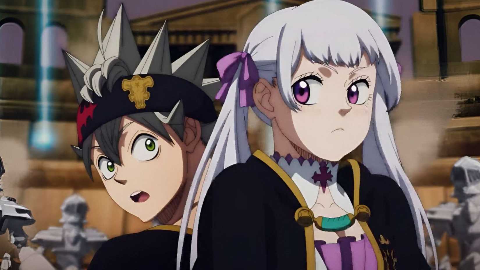 Asta and Noelle Silva stood with their backs to each other in the Black Clover movie